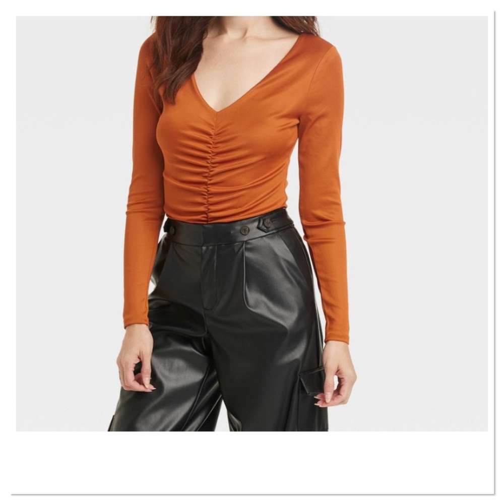 Women’s Long Sleeve Ruched Slim Fit Bodysuit Orange